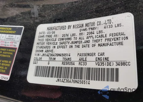 2006 Nissan 350Z Touring from USA, damaged, VIN JN1AZ36A76M456514